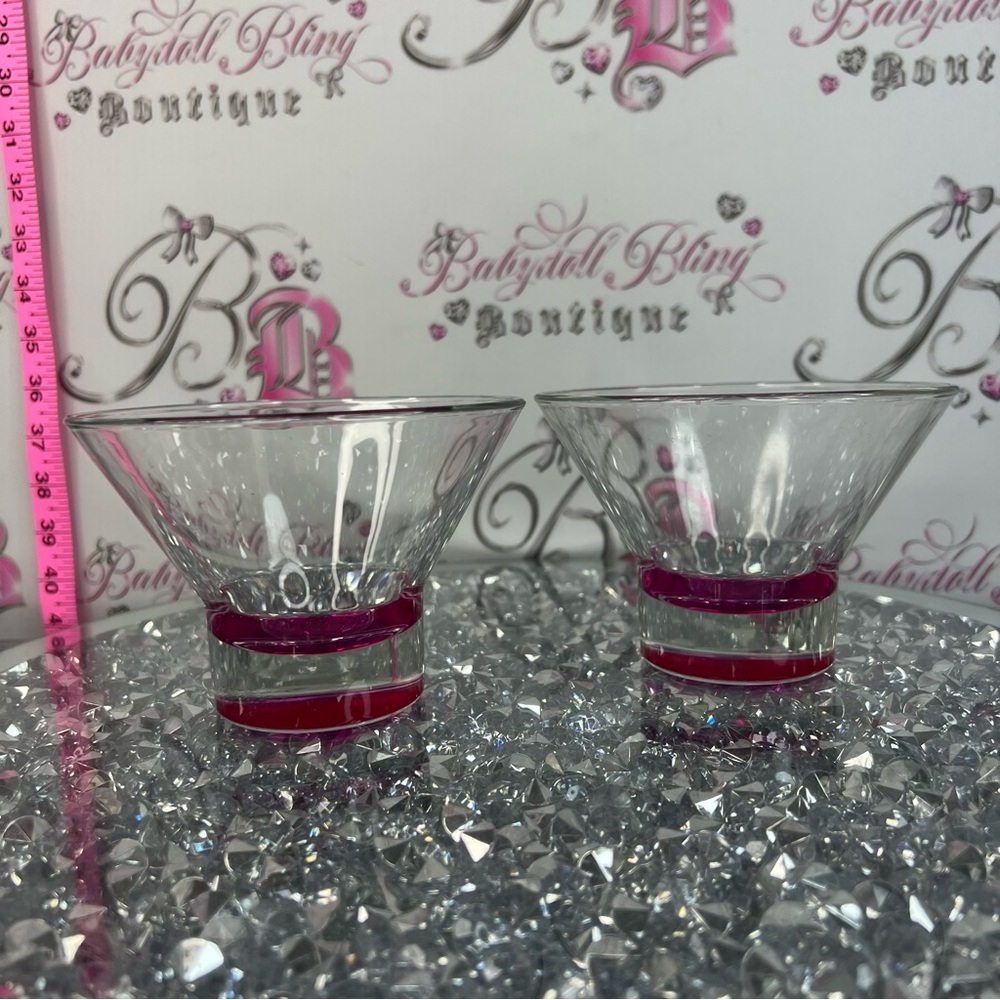 Set of 2 Clear Glass Dessert Cups with Pink Band